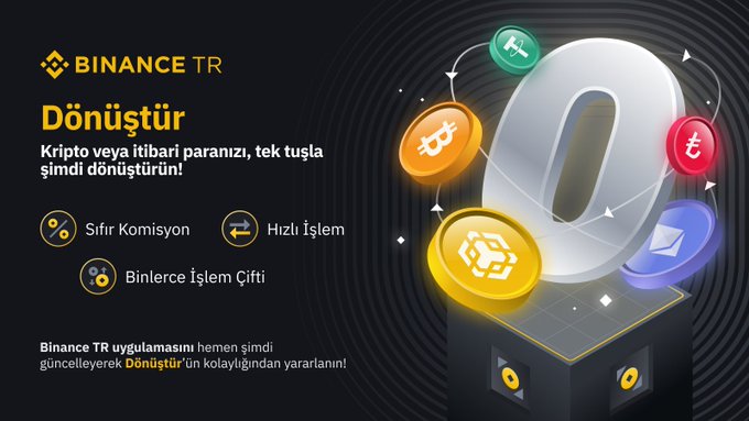 Turkish-language advertisement for Binance TR's "Dönüştür" (Convert) feature, highlighting zero commission, fast processing, and thousands of transaction pairs for converting crypto or fiat currency.