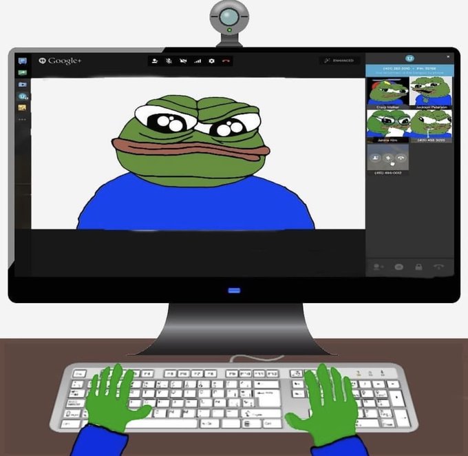 A green Pepe the Frog character is shown on a Google+ video call displayed on a desktop monitor, with the frog's own hands typing on the keyboard below. The image humorously illustrates the post's point about memecoin-driven activity, as Pepe is the iconic mascot of memecoin culture—particularly the recent Solana-based $PEPE pumps that have flooded Crypto Twitter timelines.