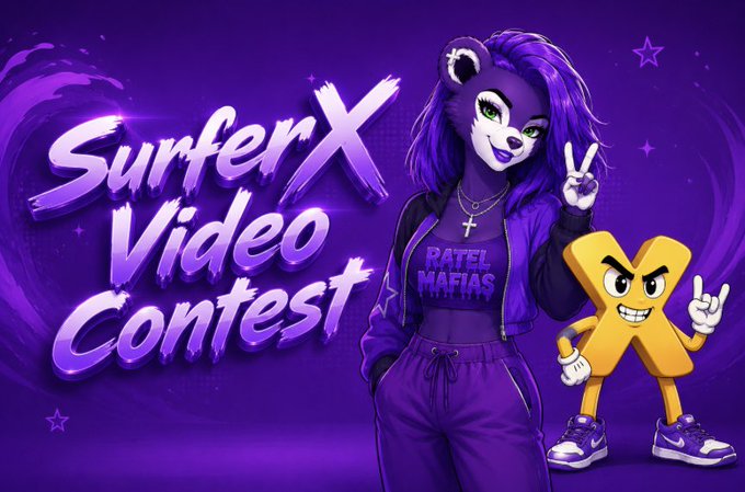 A purple-themed promotional banner for "SurferX Video Contest" featuring an anime-style purple-haired bear character alongside a yellow X mascot