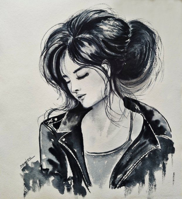 A black and white ink and watercolor sketch of a young woman with dark hair in a high ponytail, wearing a leather jacket and looking downwards with closed eyes.
