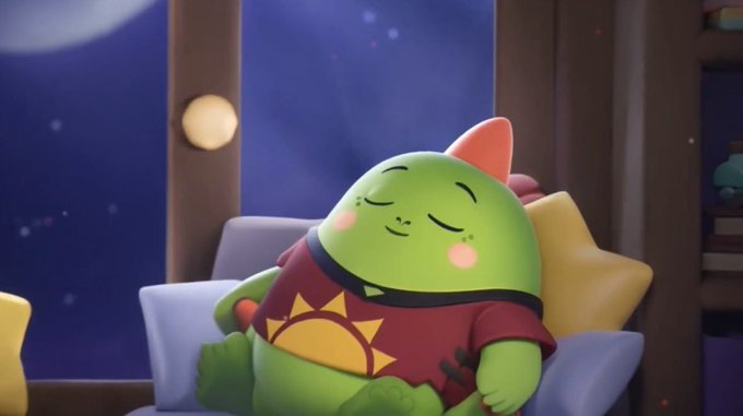 The image features a cartoon green monster with a red hat sitting comfortably on a couch next to a window. The monster appears to be sleeping, which could suggest that it's an AI-driven optimization layer or a sleep app designed by @sleepagotchi. This app focuses on optimizing sleep architecture and habit loops for better sleep quality, incorporating wearables like smartwatches into the process.