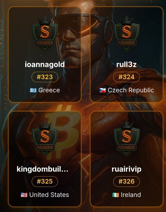 Four 'Founder' membership badges (numbered #323-#326) for users ioannagold (Greece), rull3z (Czech Republic), kingdombuil... (United States), and ruairivip (Ireland), displayed against a background featuring a character and Bitcoin logo.