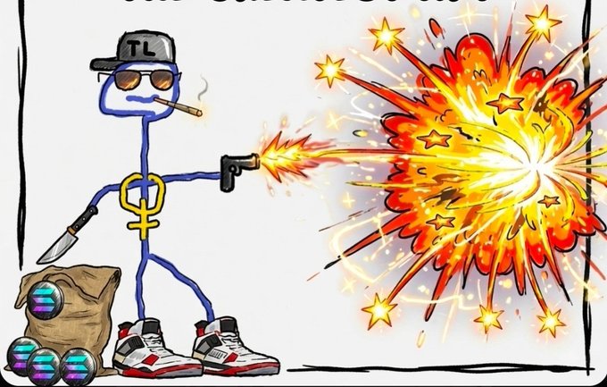 A digital drawing of a blue stick figure wearing a 'TL' cap, sunglasses, and gold chains, firing a gun that creates a large fiery explosion.