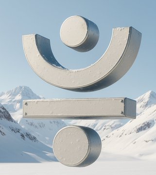 A sculptural arrangement of white concrete geometric shapes—a crescent, disc, and rectangular bar—floats against a backdrop of snow-capped mountains, visually symbolizing the structural framework and stability of the JUST DAO Token. The modular, block-like composition mirrors the decentralized, community-built governance system described in the accompanying post about JST token voting power and censorship-resistant token holder protections.