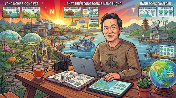 A colorful illustrated infographic in Vietnamese about technology, community development, and global action, showing a person working on a laptop with scenes of agriculture, energy, and wildlife.