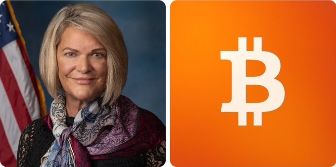 The image shows a split composition with an official portrait of Senator Cynthia Lummis on the left, standing before an American flag, paired with the Bitcoin logo on an orange background on the right. This visual pairing connects Lummis, a known cryptocurrency advocate in the Senate, to her call for urgent passage of the crypto CLARITY Act.