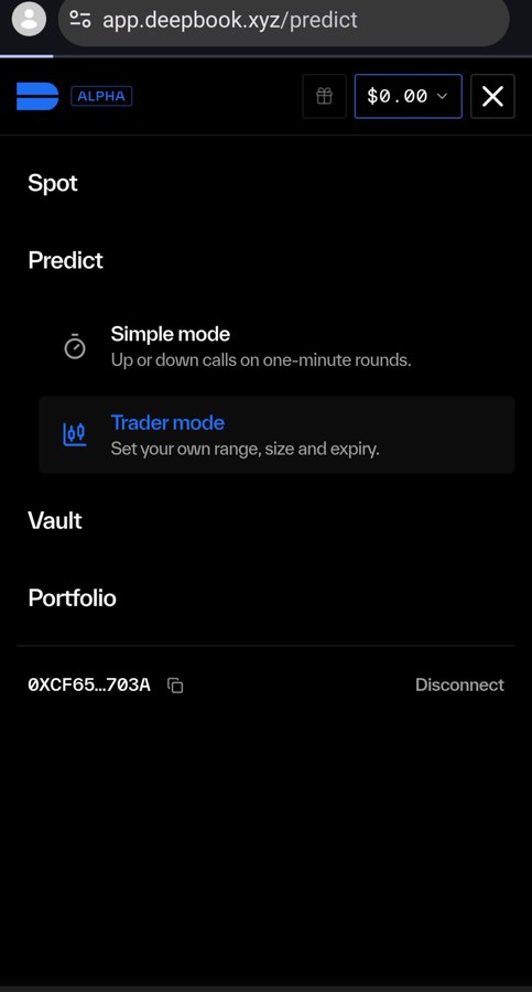 DeepBook (app.deepbook.xyz/predict) ALPHA mobile interface showing Spot, Predict (Simple/Trader mode), Vault, and Portfolio menu options with a connected wallet ending in 0xCF65...703A.