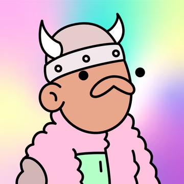 A cartoon character with brown skin, a viking helmet with white horns, and a pink fluffy coat set against a pastel rainbow gradient background.