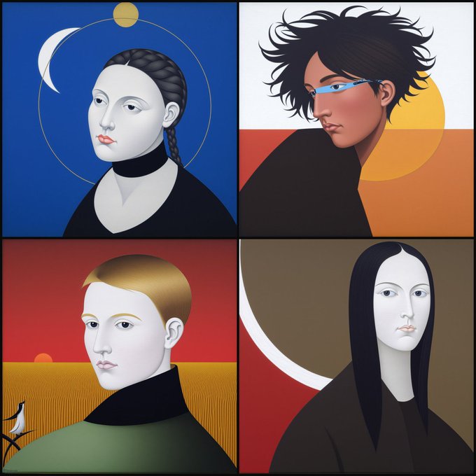Four stylized illustrated portraits arranged in a grid, each depicting a figure against a colored background with a celestial element like the moon or sun.