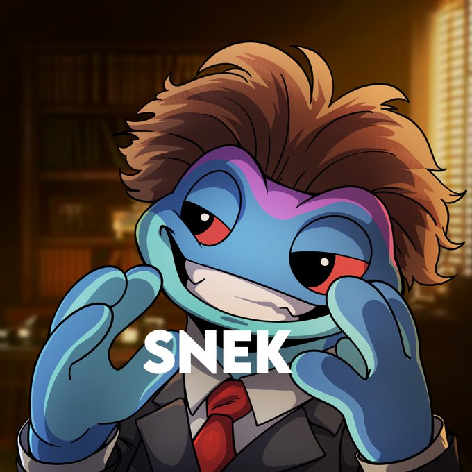 A cartoon frog character with brown hair and a smirk wearing a suit and red tie, with the text 'SNEK' displayed across the center.