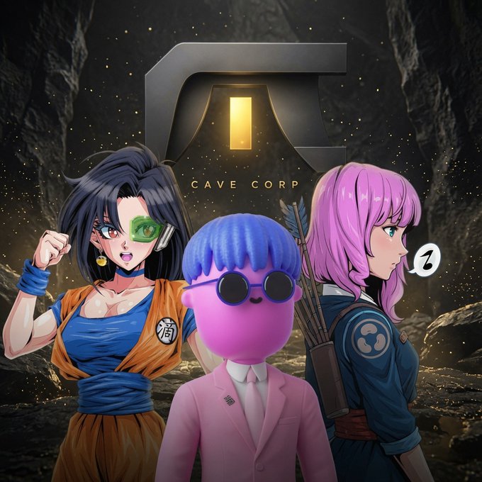 An anime-style illustration featuring three characters—a dark-haired fighter with a green scouter, a pink blob-headed figure in a pink suit, and a pink-haired character with a bow—posing in front of a 'CAVE CORP' logo against a dark cave background.