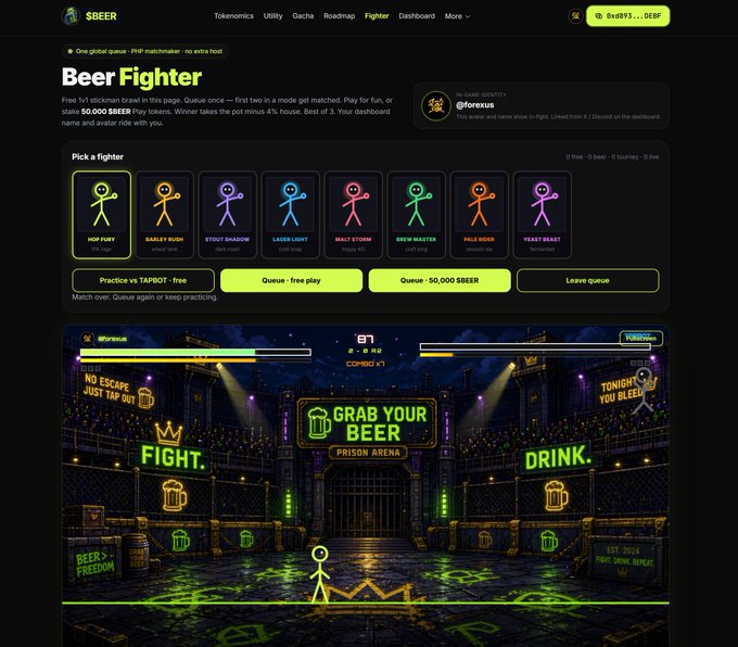 A webpage for 'Beer Fighter' on the $BEER tokenomics site, showing a fighter selection screen with options like 'HOP FURY', 'BARELY RUSH', and 'STOUT SHADOW', and a pixel-art fighting arena below.
