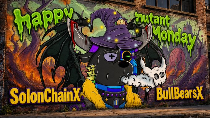A vibrant graffiti mural on a brick wall featuring a cartoon dog wearing a purple witch hat, with text reading 'Happy Mutant Monday' and 'SolonChainX' and 'BullBearsX' on yellow signs at the base.