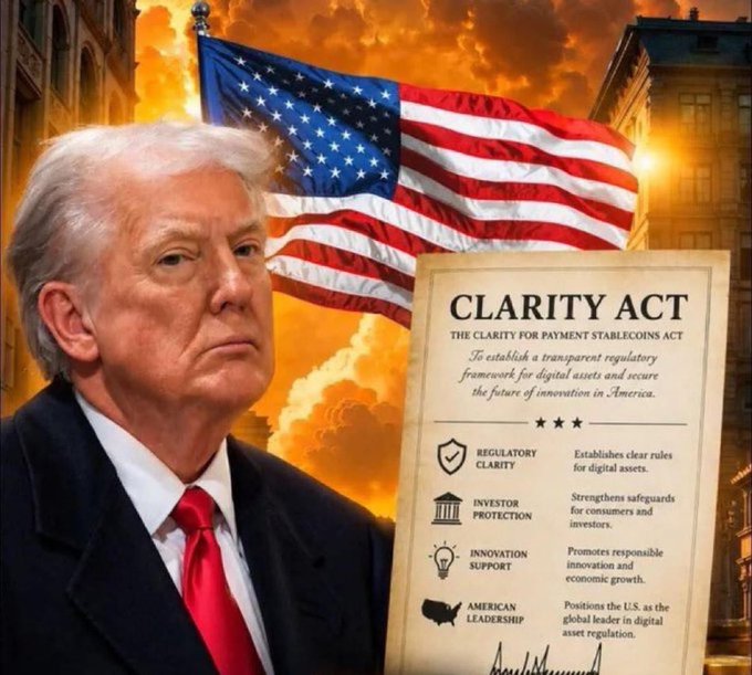 The image depicts Donald Trump standing in front of the American flag and a document titled "CLARITY ACT: THE CLARITY FOR PAYMENT STABLECOINS ACT", suggesting his support for regulatory clarity in digital assets. This visual aligns with news of the Senate confirming a meeting to finalize the Digital Asset Market Clarity Act.