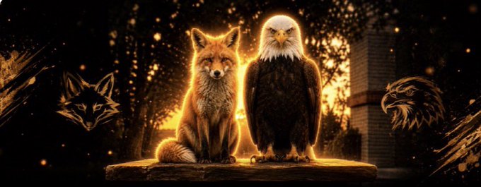A glowing fox and eagle sit together on a stone platform in a dark forest, with the silhouettes of a coyote on the left and a hawk on the right illuminated in gold.