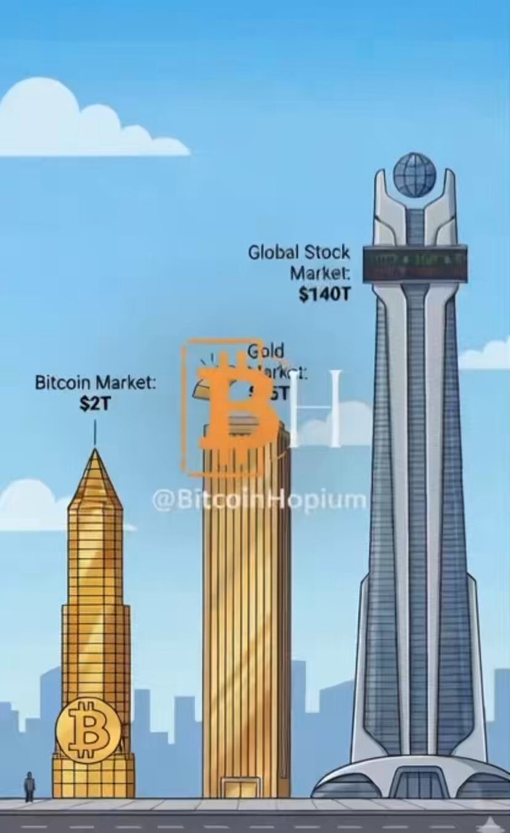 The image shows a cartoon drawing of three buildings, each representing a different type of cryptocurrency. On the left side, there is a golden building, which represents Bitcoin. In the middle, there is a gray skyscraper with green windows that signifies Gold coin. To the right of this, there is a white building with a blue roof symbolizing the new global stock exchange. The caption below the buildings reads: "Global Stock Market: $4.00t".