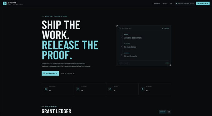 A dark-themed website screenshot for 'A.VERTURE' with the headline 'SHIP THE WORK. RELEASE THE PROOF.' and a description about an escrow service for AI verifiers, highlighting a 'GRANT LEDGER' section at the bottom.