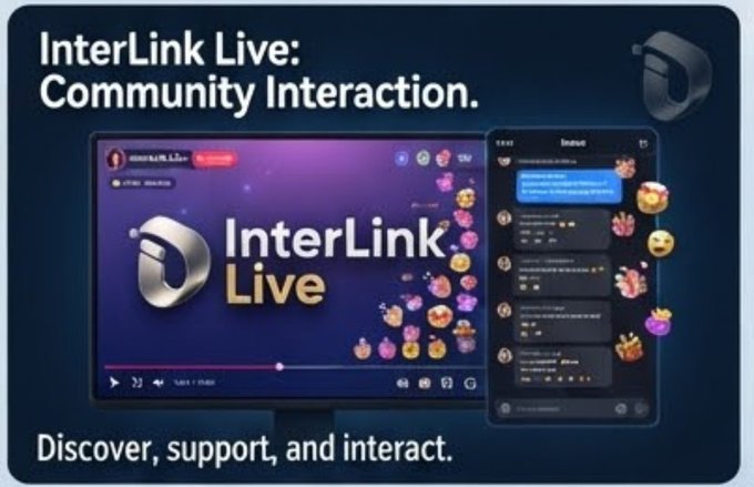 A promotional graphic for "InterLink Live: Community Interaction" shows a desktop player and smartphone chat interface displaying live streaming features with the tagline "Discover, support, and interact."