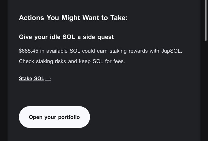 A dark-themed app interface showing suggested actions, promoting staking $685.45 in SOL through JupSOL with a 'Stake SOL' link and an 'Open your portfolio' button.