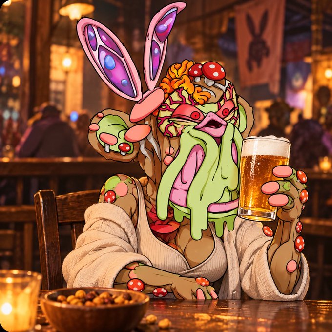 A grotesque, colorful cartoon creature with bunny ears, mushrooms, and exposed brain sits at a wooden bar holding a frothy mug of beer in a fantasy tavern setting.