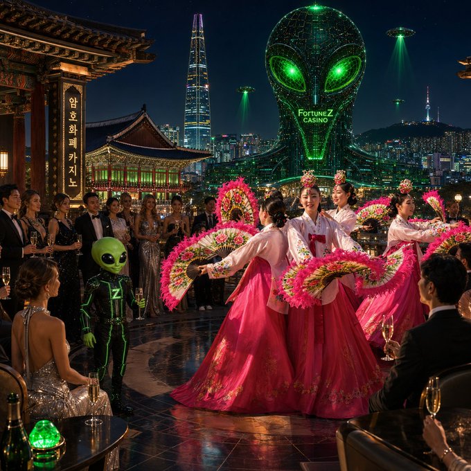 A nighttime Seoul scene blends traditional Korean elements with futuristic flair, featuring dancers in vibrant hanbok with pink feathered fans, a small green alien mascot, and a giant illuminated alien head labeled "FortuneZ CASINO" towering over the city skyline. The image visually captures the post's theme of merging cultural heritage with a neon-lit crypto entertainment world.