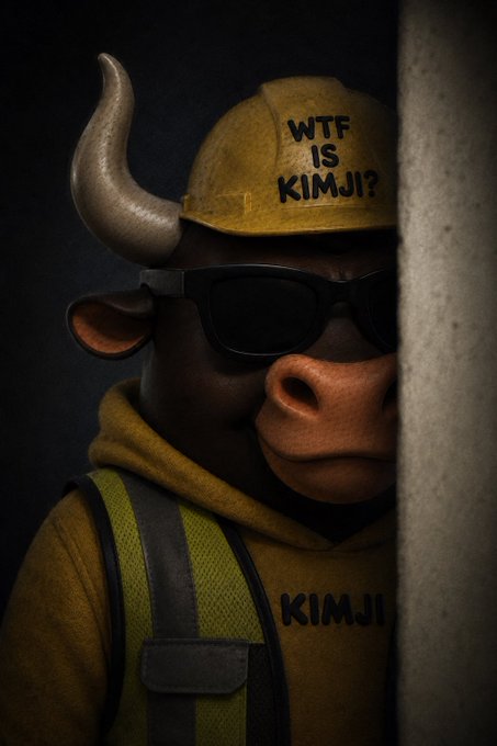 A dark, moody 3D render of a bull character wearing a yellow hard hat reading 'WTF IS KIMJI?', sunglasses, and a yellow hoodie with 'KIMJI' on the chest, peeking around a concrete pillar.