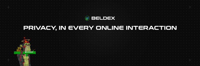 A dark promotional banner for 'BELDEX' with the tagline 'PRIVACY, IN EVERY ONLINE INTERACTION' and a small illustrated character in the corner.