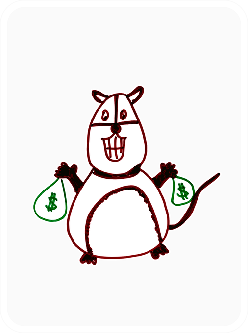 A simple line drawing of a cartoonish, smiling rat or mouse holding two green money bags marked with dollar signs.