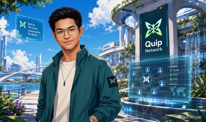A stylized digital illustration of a young man with glasses in a green jacket standing in a futuristic city, beside a holographic display showing the 'Quip Network' logo with community connection metrics.