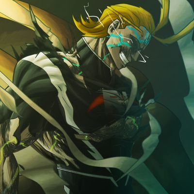 Anime artwork of a blonde, muscular male character in a dark outfit with a mask, shown in a dynamic action pose with green accents.