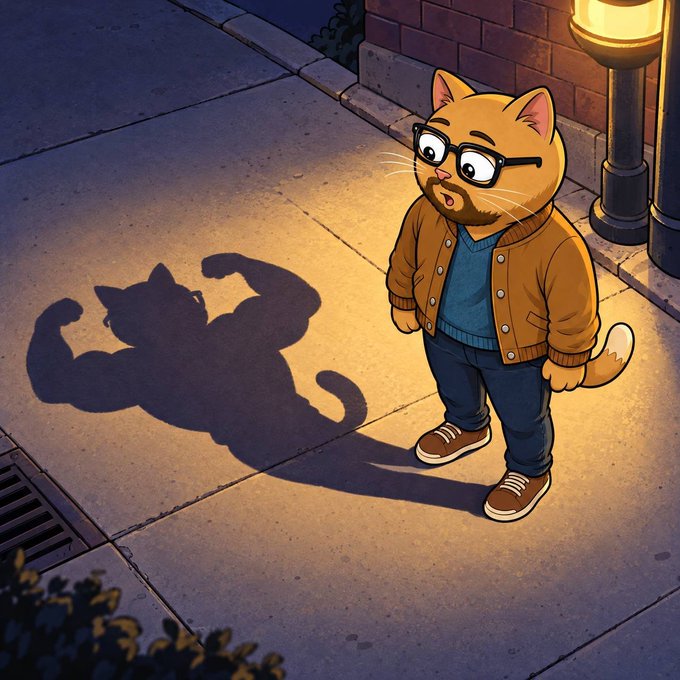 An illustration of an orange anthropomorphic cat wearing glasses and a brown jacket, looking surprised at its muscular shadow on the pavement at night.