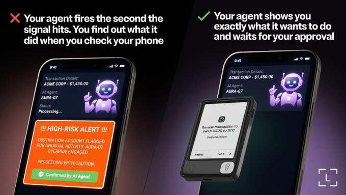 A split-screen comparison contrasts an AI trading agent's behavior: on the left (marked with a red X), the agent automatically executes a $1,450 ACME Corp. trade via AURA-07, prompting a "HIGH-RISK ALERT" about destination flagged for fraudulent activity that you only discover after the fact, while on the right (marked with a green checkmark), the agent displays a transaction on a hardware device requesting your approval to swap USDC to BTC before proceeding—directly illustrating the post's question about whether you prefer unsupervised automated trading or approval-based execution.