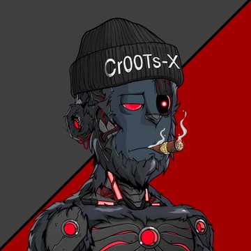 A digital illustration of a cyborg character with exposed red mechanical parts, wearing a black beanie that says 'Cr00Ts-X' and smoking a cigar.