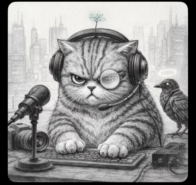 A grayscale pencil drawing shows a serious tabby cat wearing a headset and monocle, typing on a keyboard in front of a microphone with a small raven perched nearby and a city skyline in the background. The image thematically represents the excitement of discovering unexpected NFT drops and rare finds on platforms like Ethos Network and OpenSea, fitting the post's tone of surprise at uncovering overlooked digital collectibles.