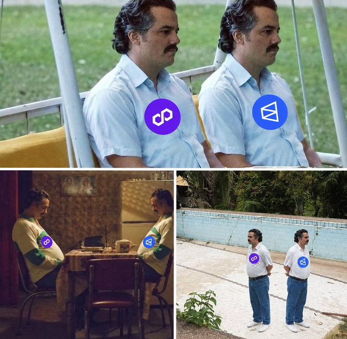 The collage shows three images of two identical men (likely from a meme template) standing side-by-side, each wearing a logo on their chest—Polygon (purple) and Polymarket (blue)—visually representing the parallel waiting shared by both communities.

The image humorously illustrates the post's message by depicting Polygon holders awaiting $POL to pump and Polymarket users awaiting the $POLY airdrop as mirror counterparts, emphasizing their shared anticipation despite being different crypto communities.