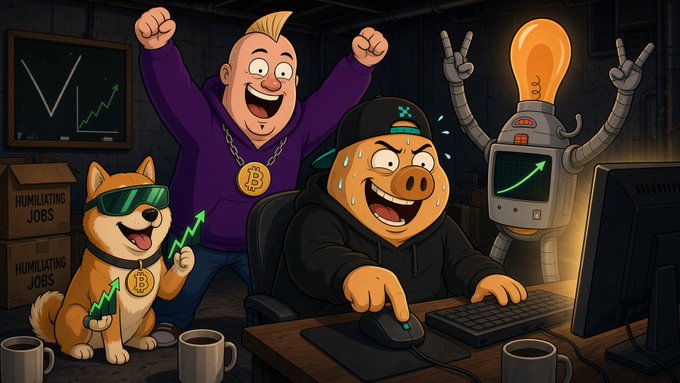 A cartoon illustration depicts a man, a dog, and another character celebrating with raised fists, while a sweating pig wearing a beanie trades cryptocurrency on a computer, surrounded by boxes labeled "HUMILIATING JOBS".