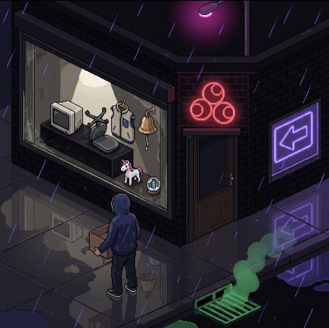An isometric pixel art illustration showing a hooded figure standing on a rainy street outside a pawn shop, which displays a microwave, clothes, a bell, and a unicorn toy in its window, alongside a neon red three-circle sign.