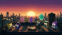 A pixel-art style cityscape at dusk featuring blocky characters including SpongeBob-like figures lined up along a street with a sunset in the background.