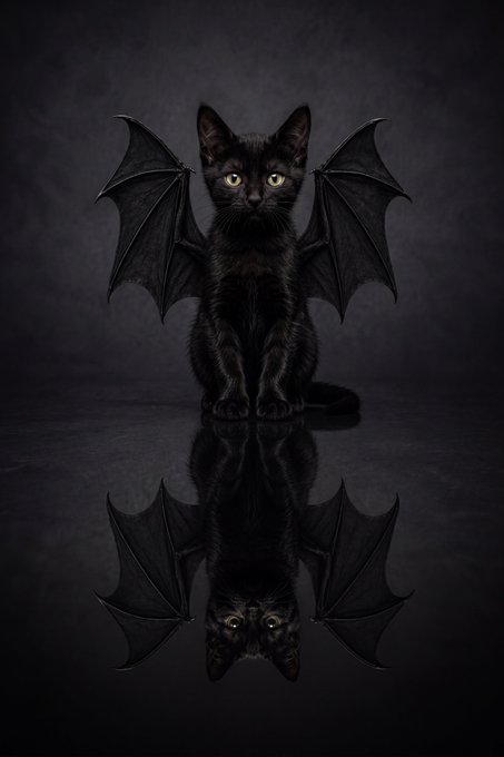 A digitally rendered black cat with bat-like wings sitting on a reflective dark surface, creating a mirror image beneath it.