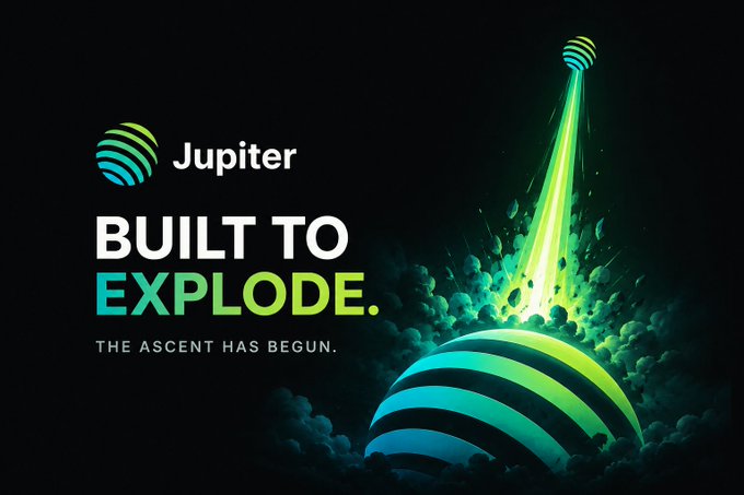 The image features a promotional graphic for "Jupiter" with the bold tagline "BUILT TO EXPLODE." and the subtitle "THE ASCENT HAS BEGUN." set against a dark background showing a striped Jupiter-like planet being struck by a glowing green-and-blue energy beam, visually reinforcing the post's message of Jupiter's explosive growth and upcoming performance upgrade on the Solana network ($SOL), where $JUP token account rental fees are dropping to make swaps cheaper and faster.