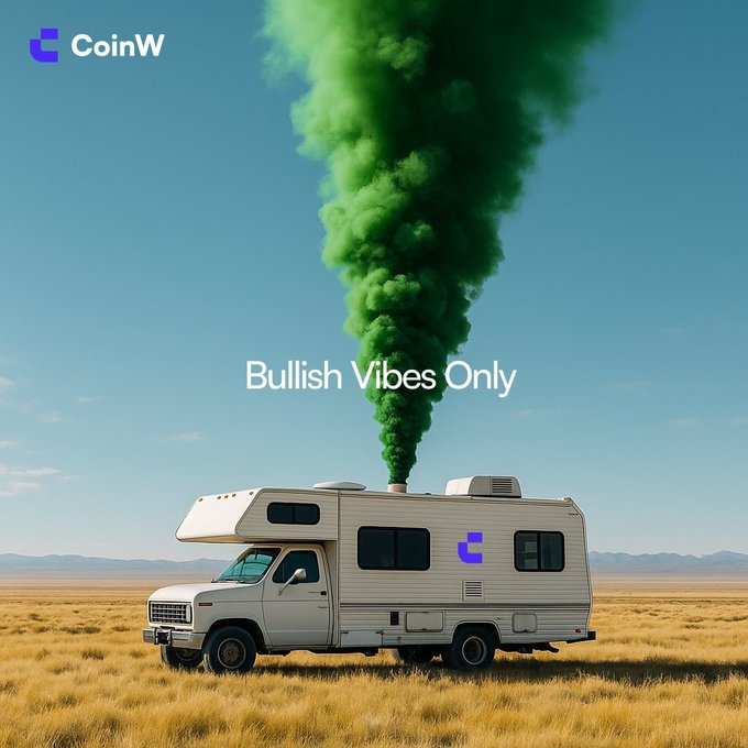 A CoinW advertisement showing an RV in a field with green smoke billowing from its exhaust pipe, accompanied by the text "Bullish Vibes Only."