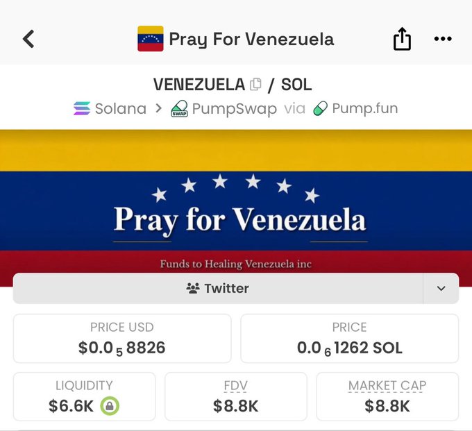 A screenshot of a cryptocurrency token page on Solana/PumpSwap titled "Pray For Venezuela" (VENEZUELA/SOL), showing a price of $0.0058826 (0.0001262 SOL), $6.6K liquidity, $8.8K FDV, and $8.8K market cap. The post appears to reference a Solana wallet address likely associated with bidding on or trading this token, which claims to fund "Healing Venezuela inc."