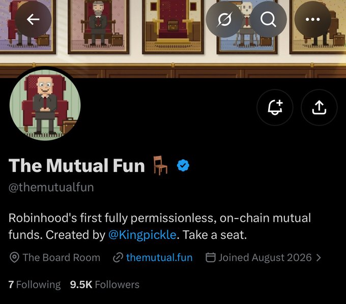 Profile page for 'The Mutual Fun 🪑' (@themutualfun) on X, described as 'Robinhood's first fully permissionless, on-chain mutual funds. Created by @Kingpickle. Take a seat.'