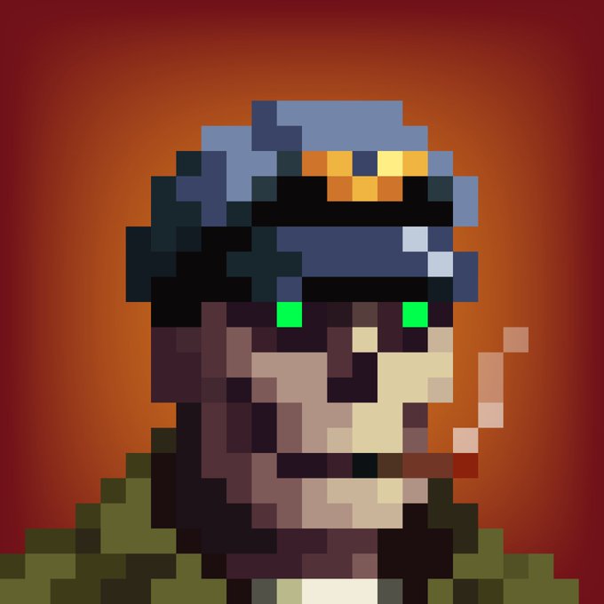 A pixel art portrait of a bearded character wearing a helmet with a visor and a headlamp, set against an orange background.