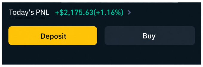 A dark-themed financial dashboard interface showing 'Today's PNL' of '+$2,175.63 (+1.16%)' with two large buttons below labeled 'Deposit' (yellow) and 'Buy' (dark gray).