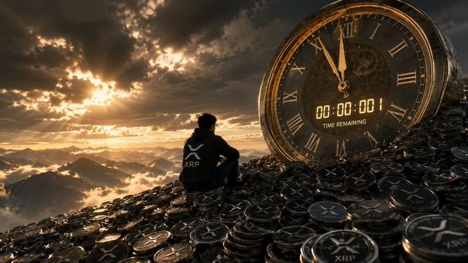 A person in an XRP hoodie sitting on a mountain of XRP coins beside a large clock showing '00:00:001 TIME REMAINING' under a dramatic sunset sky.