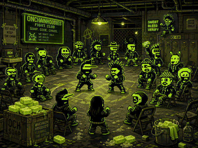 A pixel art illustration depicting the 'ONCHAINHOODIES FIGHT CLUB' with characters gathered around two fighters in a circle, under neon green lighting with soap boxes and lockers around the room.