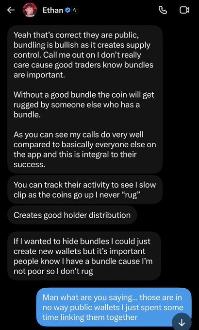 A direct message conversation with 'Ethan' discusses cryptocurrency bundling and wallet activity, with the recipient questioning claims about public wallets and time spent linking them together.