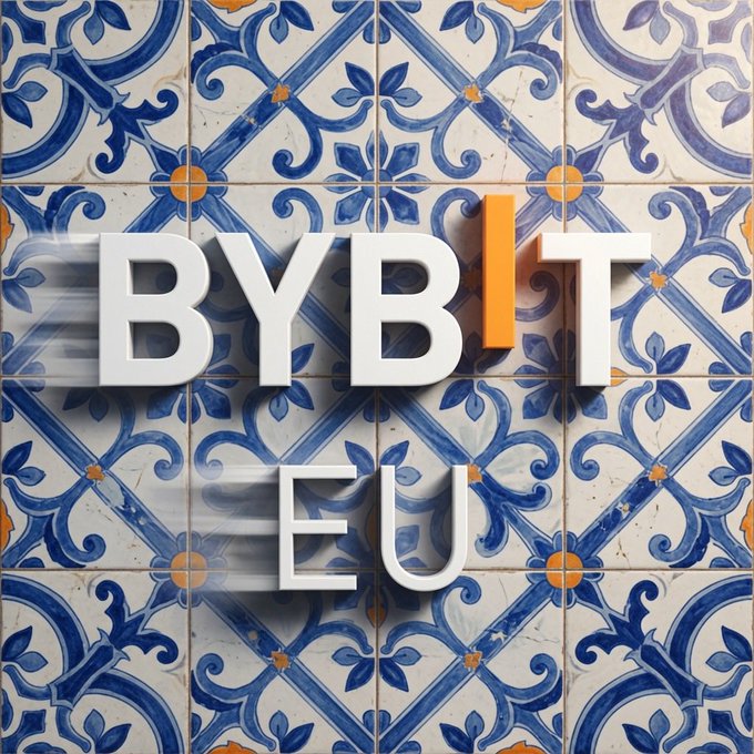 The image features a tile pattern with blue, white, and yellow colors. The text "BYBIT" is written in white letters above the tiles, while the phrase "Bybit EU" is written below them. The text appears blurry or slightly faded, giving an impression of movement or speed. The background of the image consists of more tiles arranged in a pattern that complements the main focus on the text and the tile design.