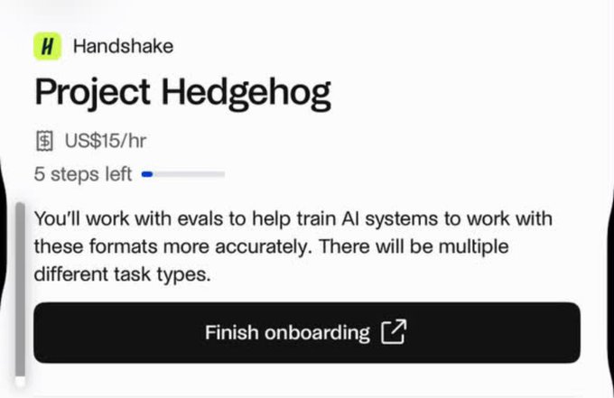 A mobile screenshot showing the Handshake platform's "Project Hedgehog" listing, advertising AI training work at US$15/hr with a "Finish onboarding" button visible.